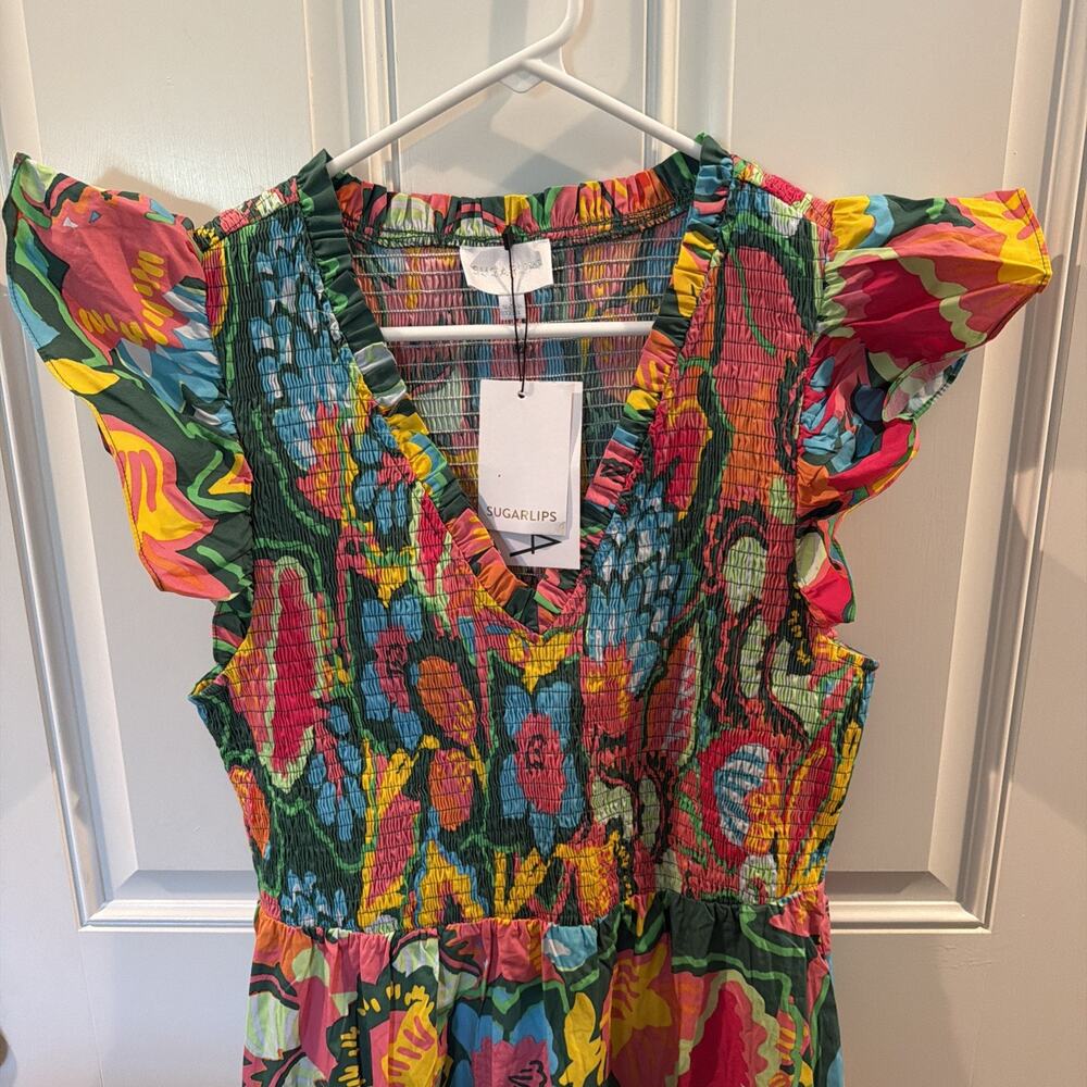 Sugarlips NWT L Maxi Dress Multicolor Floral Smocked Ruffle Flutter Short Sleeve - Picture 5 of 7